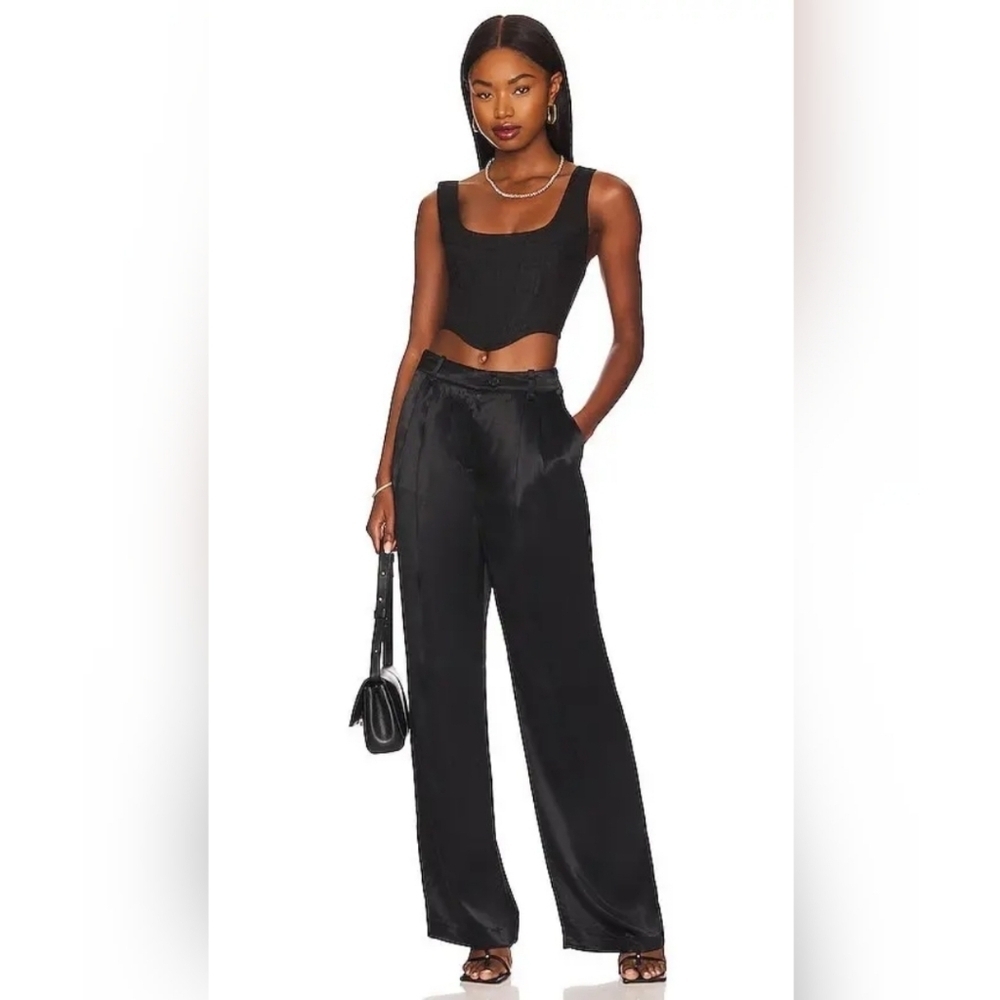 L'Academie Leander Black Satin Wide Leg Trouser Medium NWT